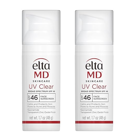 EltaMD UV Clear Face Sunscreen, SPF 46 Oil Free Sunscreen with Zinc Oxide, Protects and Calms Sensitive Skin and Acne-Prone Skin, Lightweight, Silky, Dermatologist Recommended, (2 Pack)