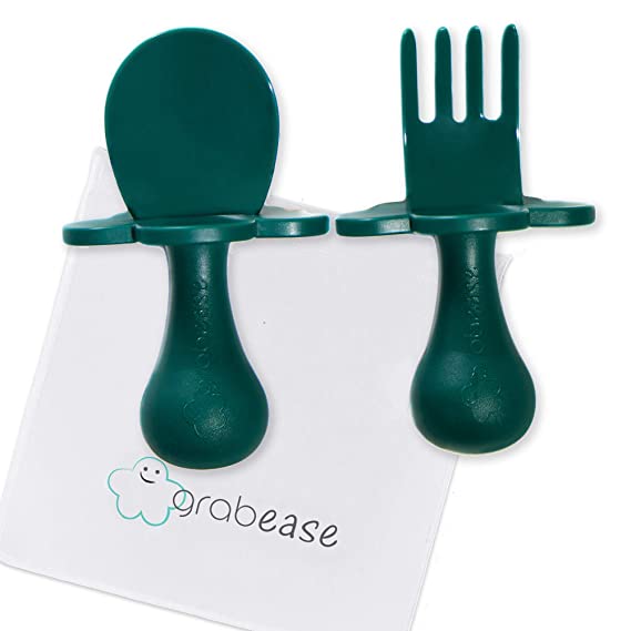 Grabease First Training Self Feed Baby Utensils – Anti-Choke, BPA-Free Baby Spoon and Fork Toddler Utensils with Pouch Set – Toddler Silverware for Baby Led Weaning Ages 6 Months  (Forest Green)
