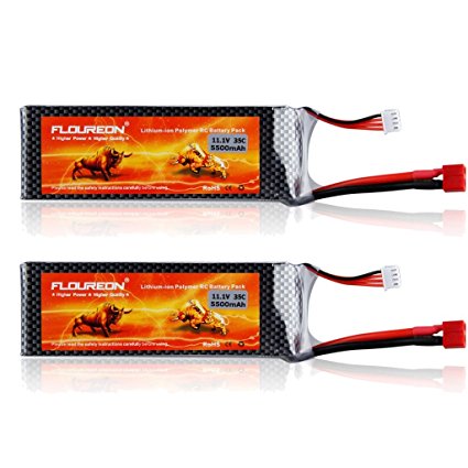 FLOUREON 2Packs 3S 11.1V 5500mAh 35C Lipo RC Battery with T Plug for RC Quadcopter Airplane Helicopter Car Truck Boat Hobby