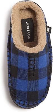 Lucky Brand Boys Buffalo Plaid Memory Foam Clog Slippers, Non Slip Rubber Sole House Shoes, Kids Cozy Fluffy Bedroom Clogs