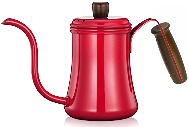 Diguo Classic Pour Over Kettle Coffee Hand Drip Kettle Coffee Pot Tea Pot with Wooden Handle (0.7 Liter), Gooseneck (Red)