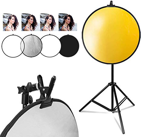 LimoStudio 32" 5-in-1 Disc Reflector, 5 Colors White, Black, Silver, Gold, Translucent, Photo Studio Light Stand, Clamp Clip Holder Light Stand Mount Bracket with Umbrella Reflector Holder, AGG2914