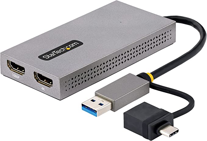 StarTech.com USB to Dual HDMI Adapter, USB A/C to 2x HDMI Displays (1x 4K30Hz, 1x 1080p), Integrated USB-A to C Dongle, 4in/11cm Cable, USB 3.0 to HDMI Display Adapter, Windows & macOS (107B-USB-HDMI)