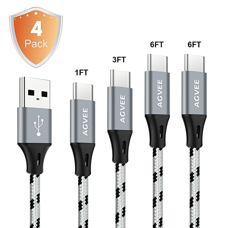 Cruel 3A Current Heavy Duty, Seamless Type C End Tip, Agvee 4Pack 1FT 3FT 6FT 6FT USB C Cables Set Nylon Braided Ultra Long Data Sync Charger Cord for Android Samsung Galaxy LG Sony (Black in Gray)