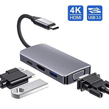 USB C Hub, Type C Hub Adapter, USB C to HDMI VGA Adapter with 4K HDMI, 1080p VGA, USB 3.0 Port, USB C Power Delivery Compatible with Macbook Pro 2016/2017/2018 and USB C Devices