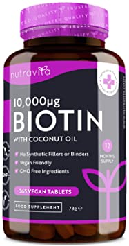 Biotin Hair Growth Supplement 10,000mcg - 365 Vegan High Strength Biotin Tablets for Hair - Enhanced with Coconut Oil & Supports Normal Skin and Hair Growth - Made in UK by Nutravita