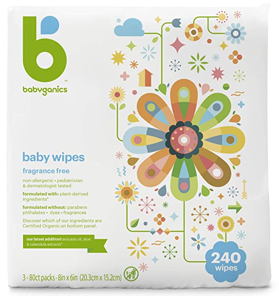 Babyganics Baby Wipes, Unscented, 240 Count (3 Packs of 80 Wipes), Packaging may vary