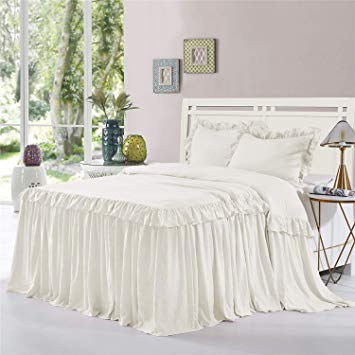 HIG 3 Piece Ruffle Skirt Bedspread Set King-Ivory Color 30 inches Drop Ruffled Style Bed Skirt Coverlets Bedspreads Dust Ruffles- Alina Bedding Collections King Size-1 Bedspread, 2 Standard Shams
