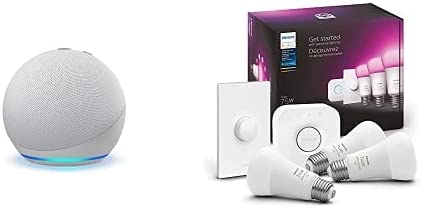 Philips Hue Starter Kit w/Remote with Echo Dot (4th Gen) | Glacier White | Alexa smart home starter kit