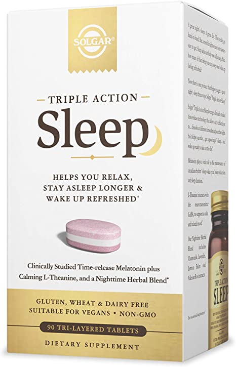 Solgar Triple Action Sleep, 90 Tri-Layer Tablets - Time-Release Melatonin & L-Theanine Plus Herbal Blend - Helps You Relax, Fall Asleep Fast & Stay Asleep Longer - Non-GMO, Gluten Free - 90 Servings