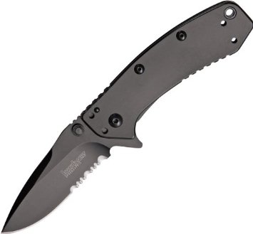 Kershaw Knives 1555BLKST Kershaw Cryo Hinderer Assisted Opening Framelock with Black DLC Finish Partially Serrated Blade