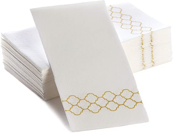 Linen-Feel Bathroom Hand Towels | Decorative Bathroom Napkins | Soft, Absorbent, Paper Hand Towels for Kitchen, Bathroom, Parties, Weddings, Dinners Or Events White and Gold Napkins 100 pack