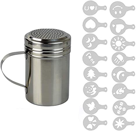 ADEPTNA High Quality Stainless Steel Chocolate Shaker with Handle and 16 Cappuccino Coffee Barista Stencils