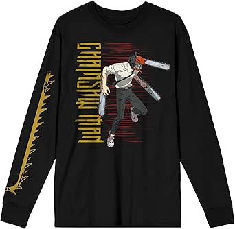 Bioworld Chainsaw Man Denji & Logo with Gold Chainsaw Sleeve Crew Neck Long Sleeve Black Adult Tee