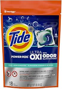 Tide Ultra OXI Power PODS with Odor Eliminators Laundry Detergent Pacs, 18 Count, For Visible and Invisible Dirt