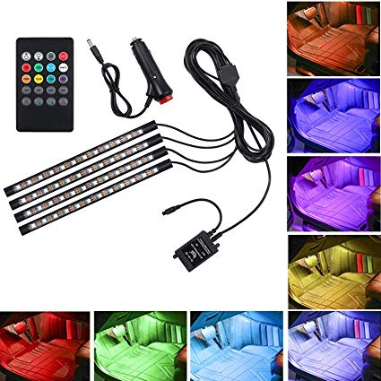 Justech Car LED Strip Lights 4PCS 48LEDs Multicolor Music Car Interior Atmosphere Lights RGB SMD LED Car Mood Lights with Sound Active Function and Wireless Remote Control for Car TV Home