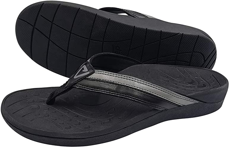 V.Step Orthotic Flip Flops - Wide Width Women's and Men's Thong Sandals with Arch Support for Comfortable Walk, for Plantar Fasciitis, Flat Feet, Heel Pain, Black