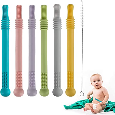 Hollow Teether Tubes, 6 Pack Chew Straw Toy for Toddlers Silicone Teething Toys for Babies 3-12 Months BPA Free/ Freezable/ Dishwasher and Refrigerator Safe