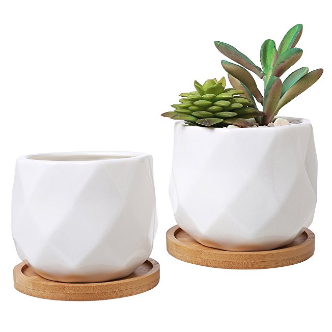3-Inch White Ceramic Diamond-Faceted Planters with Removable Bamboo Trays, Set of 2