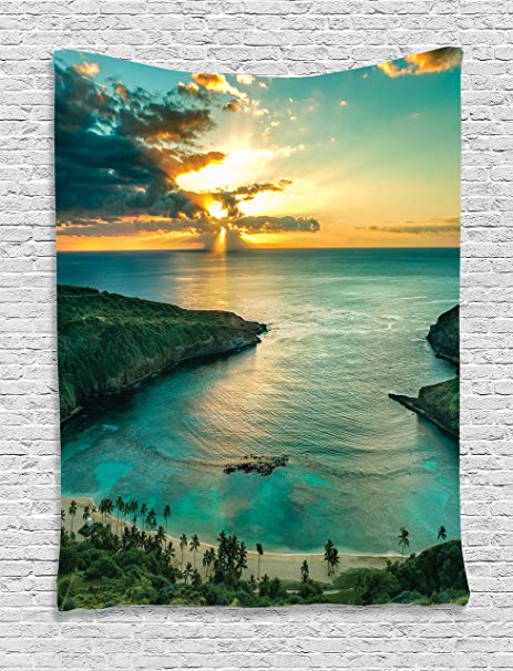 Ambesonne Beach Tapestry Sunset Decor by, Sunrise over Hanauma Bay on Oahu Hawaii Sunbeams Through Dark Clouds Shoreline Image, Bedroom Living Room Dorm Wall Hanging, 60W x 80L Inches, Aqua Orange