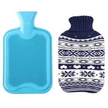 Premium Classic Rubber Hot Water Bottle w/ Cute Knit Cover (2 Liter, Blue / Blue Snowflake)