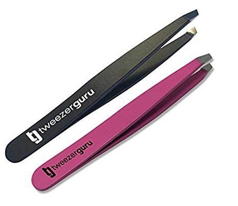 TweezerGuru Slant Tweezers - Professional Stainless Steel Slant Tip Tweezer - The Best Precision Eyebrow Tweezers For Your Daily Beauty Routine! (Black & Pink)