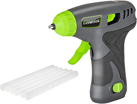 Genesis GLGG08B 8V Lithium-Ion Cordless Rapid Heat-Up Glue Gun with Removable Battery Pack, Charging Stand, and 6 Glue Sticks