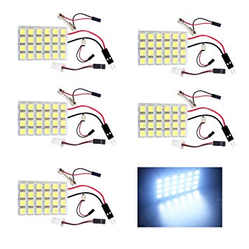 Everbrightt 5-Pack White 5050 24SMD Led Panel Dome Light Lamp Auto Car Reading Interior Lamp DC 12V With T10 / BA9S / Festoon Adapters