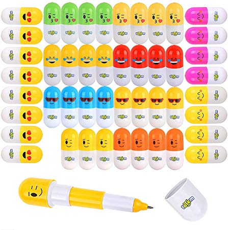 Totem World 48 Colored Emoji Vitamin Pill Retractable Ballpoint Capsule Pen with Cute Emoticon Faces