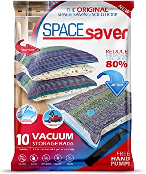 Spacesaver Premium Vacuum Storage Bags. 80% More Storage! Hand-Pump for Travel! Double-Zip Seal and Triple Seal Turbo-Valve for Max Space Saving! (Small 10 pack)