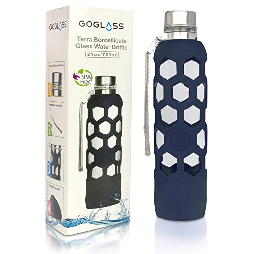 GoGlass Terra Borosilicate Glass Water Bottle With Silicone Sleeve 24oz, No Plastic, Modern Large Drinking Reusable Travel Bottles