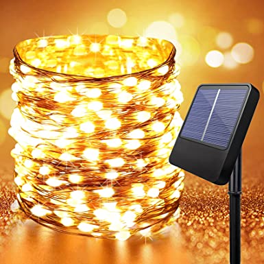 Anpro Solar String Light Outdoors - 1 Pack of 100 LED 10 Meters Warm White Outdoor String Lights with 8 Lighting Modes to Decorate Garden, Yard, Portch, Solar Powered IP65 Waterproof