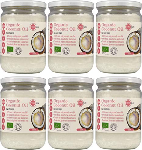 PINK SUN Raw Organic Coconut Oil for Cooking 3 Litre (500ml x 6 Glass Jars) Cold Pressed Extra Virgin 100% Pure Unrefined Not Refined Bleached or Deodorised Edible Vegan Vegetarian Non GM Bulk