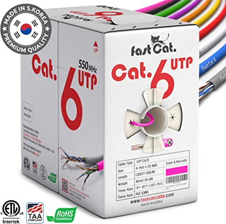 fast Cat. Cat6 Ethernet Cable 1000ft - Insulated Bare Copper Wire Internet Cable with Noise Reducing Cross Separator - 550MHZ / 10 Gigabit Speed UTP LAN Cable 1000 ft - CMR (Pink)