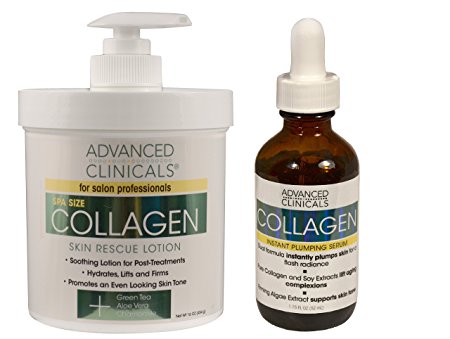 Advanced Clinicals 2 Piece Anti-aging Skin Care set with collagen. 16oz Spa Size Collagen Lotion And 1.75oz Collagen Instant Plumping Serum To Hydrate, Moisturize, Firm, Dry, Cracked Skin.