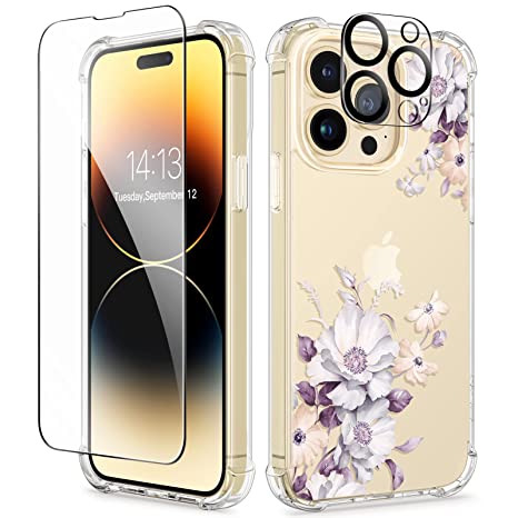 GVIEWIN Case Compatible with iPhone 14 Pro with Screen Protector & Camera Lens Protector, Floral Slim Shockproof Protective Hard PC TPU Bumper Flower Women Cover, 6.1" 2022(Aster/Purple)