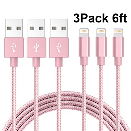 iPhone Cable,Akaho 3Pack 6FT Nylon Braided Cord Lightning Cable Certified to USB Charging Charger for iPhone 7/7 Plus 6/6S Plus 5S/5C/5, iPad Pro/Air 2,iPod Nano 7th gen (Pink White)