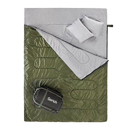 Double Sleeping Bag For Camping，Hiking, Backpacking，Queen Size XL! Cold Weather 2 Person Waterproof Sleeping Bag For Adults Or Teens. Truck, Tent, Or Sleeping Pad, Lightweight. With 2 Pillows.