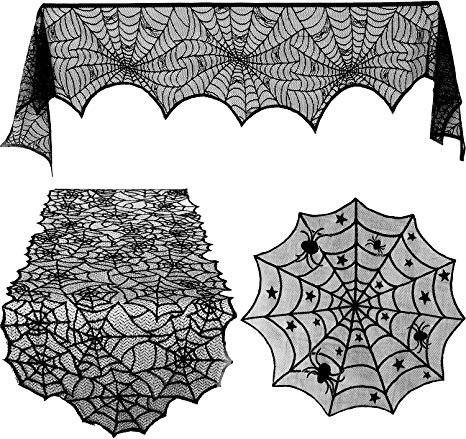 Blulu 3 Pieces Halloween Lace Spiderweb Tablecloth Fireplace Mantle Table Runner Round Spider Web Table Cover Topper for Halloween Home Party Decor (Style Set 1, Size Set 1)