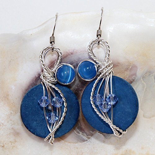 Blue Swarovski Crystals Earrings - Silver Plated Wire Wrapped Jewelry
