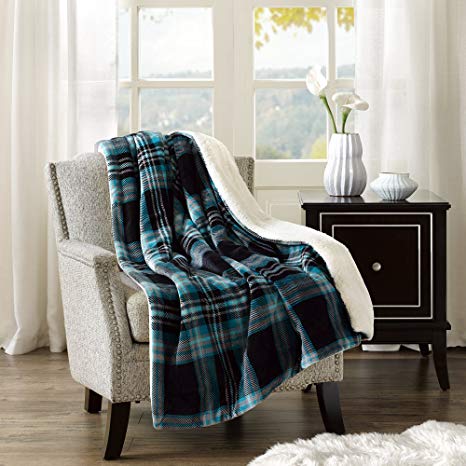 Comfort Spaces Sherpa/Plush Throw Blanket for Couch - 50x60 inches Lightweight Cozy Sofa Bed/Couch Throw for Beds Office Lap - Plaid - Aqua, Grey, Black