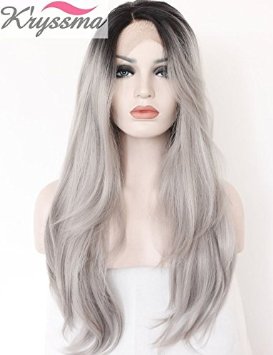 K'ryssma Chirstmas 2 Tones Synthetic Lace Front Wig Ombre Hand Tied Straight Silver Wig Dark Roots Heat Resistant Fiber Hair 22 Inches