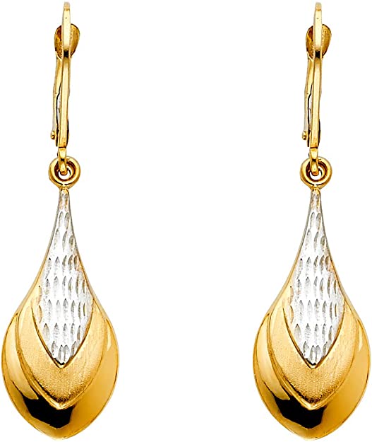 14k Two Tone Gold Teardrop Dangle Earrings (42 x 12 mm)