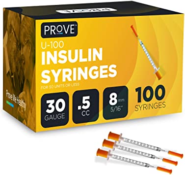 Prove Insulin Syringes, 30 Gauge .5cc 8mm 5/16’’- ct Single-use Insulin Syringe with Needle,Clear,100 Count (Pack of 1)