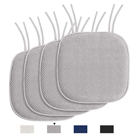 H.VERSAILTEX 4 Pack Non Slip Ultra Comfort Memory Foam Chair Pads with Ties, Chair Pads for Dining Chairs 16" x 16", Gray, Machine Washable