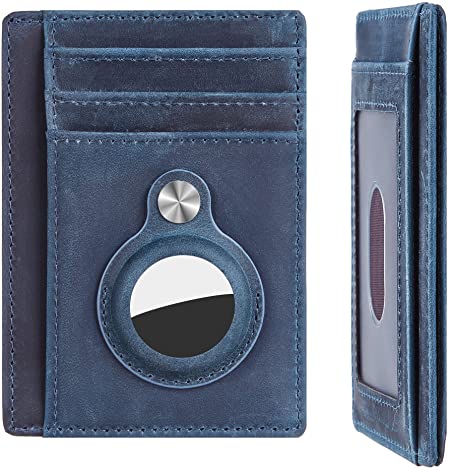 Hawanik Slim Minimalist Front Pocket Wallet with Built-in Case Holder for AirTag, Genuine leather-blue, medium, Minimalist