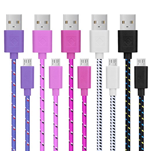USB Cable, Pofesun 5-Pack 10ft(3M) Premium High Speed USB 2.0 A Male to Micro B Braided Cables, High Speed Charge and Data Sync for Android, Samsung, HTC, Nokia and More-Black White Pink Purple Rose
