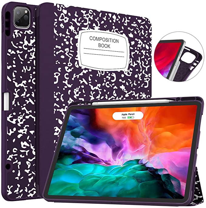 Soke New iPad Pro 12.9 Case 2020 & 2018 with Pencil Holder - [Full Body Protection   Apple Pencil Charging   Auto Wake/Sleep], Soft TPU Back Cover for 2020 iPad Pro 12.9(Book Purple)