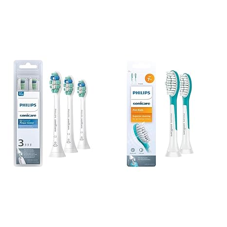 Philips Sonicare Genuine C2 Optimal Plaque Control Toothbrush Heads, 3 Brush Heads, White, HX9023/65 & for Kids 7  Genuine Replacement Toothbrush Heads, 2 Brush Heads