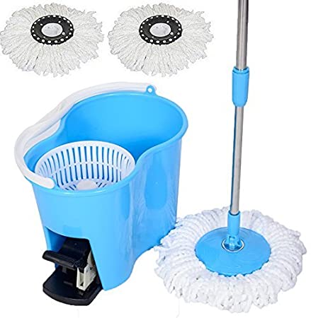 Felji Microfiber Spin Mop Easy Floor Mop w/Bucket w/Pedal & 2 Heads Blue